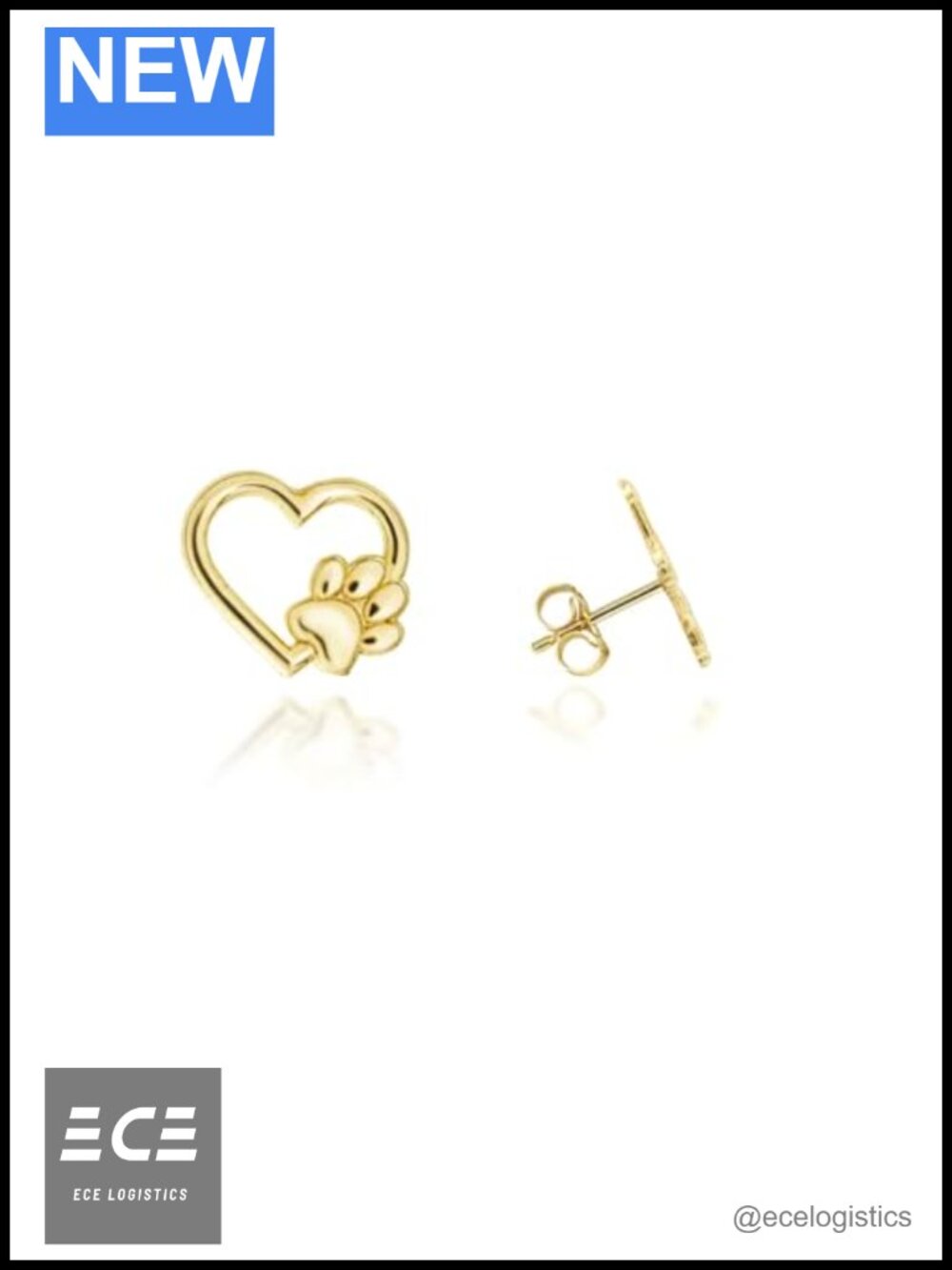 14K Yellow Gold Dog Paw Heart Stud Earrings Push Back